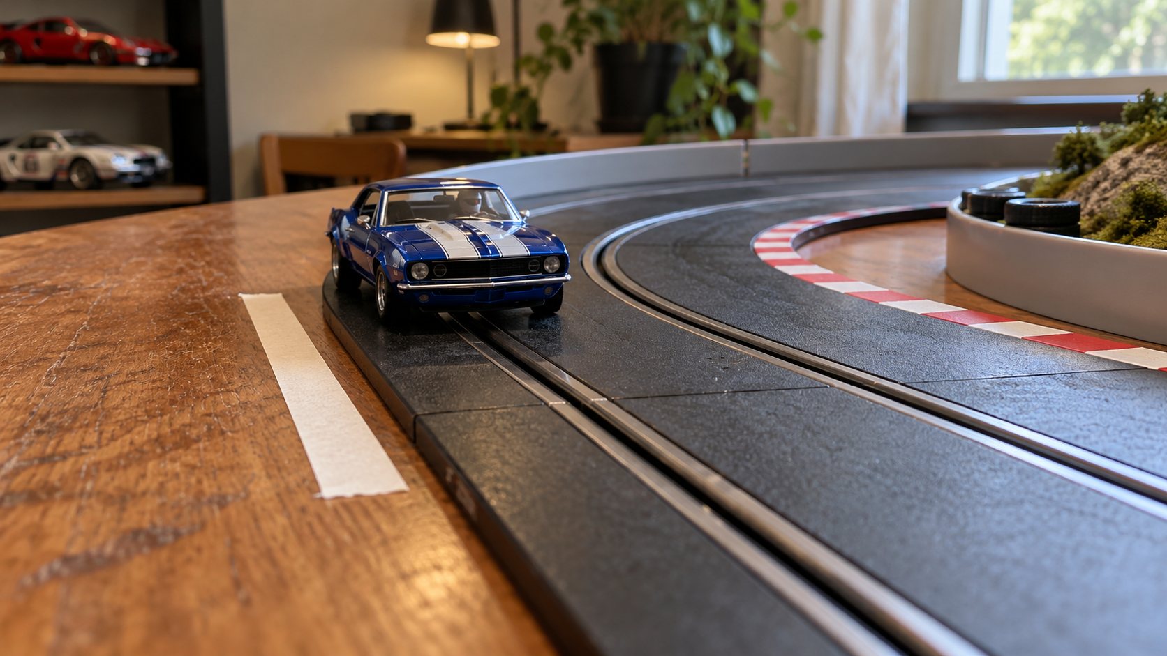 Marca de referência na pista para o ponto de frenagem do autorama