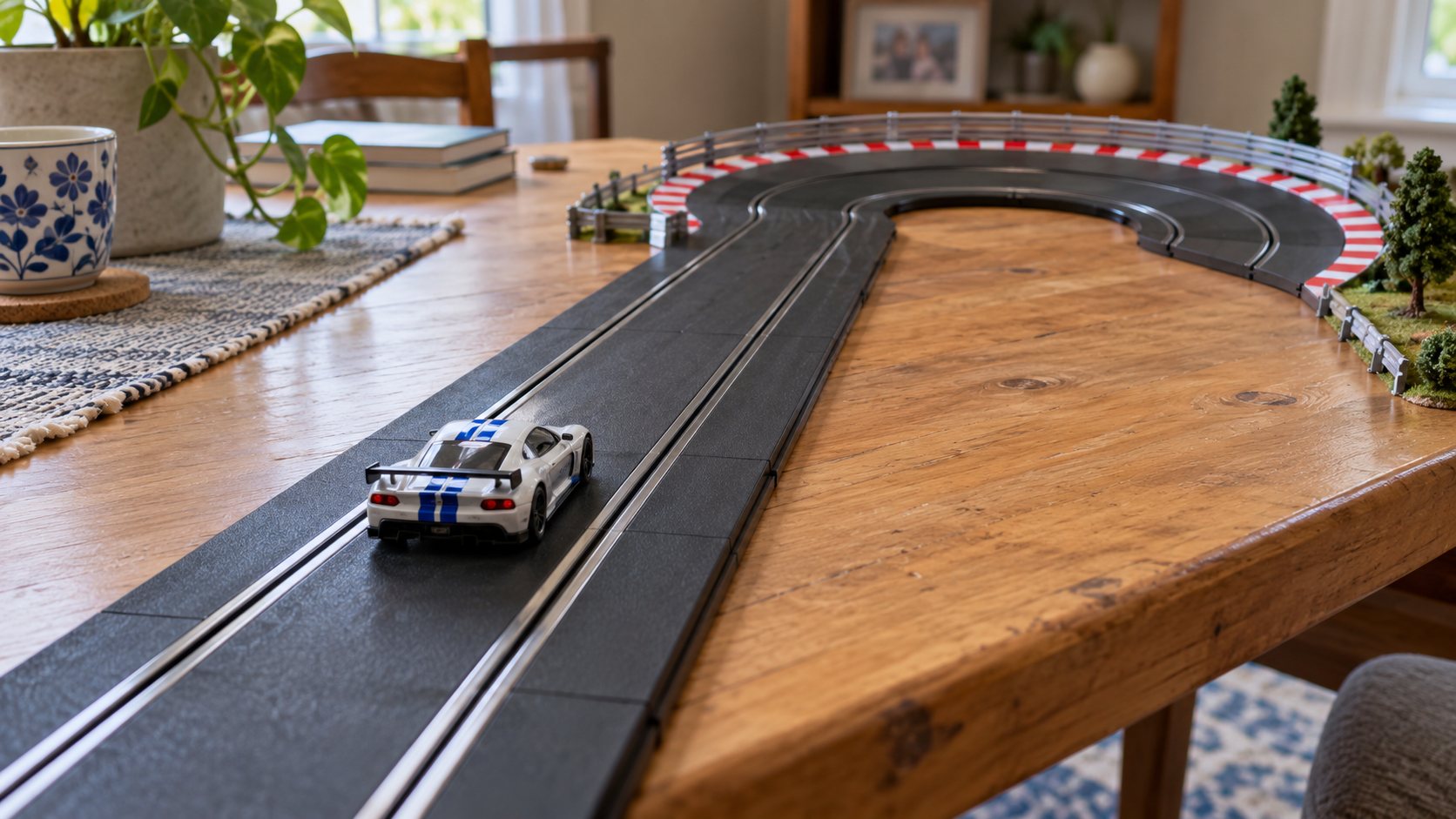 Reta longa terminando em curva fechada em pista de autorama