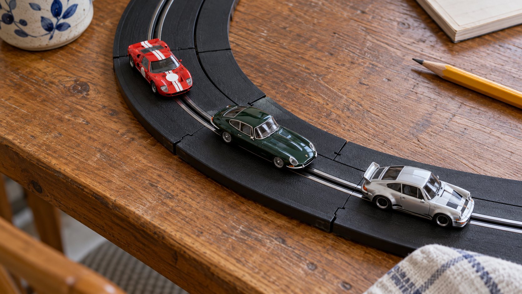 Três momentos de um carro de autorama em uma mesma curva