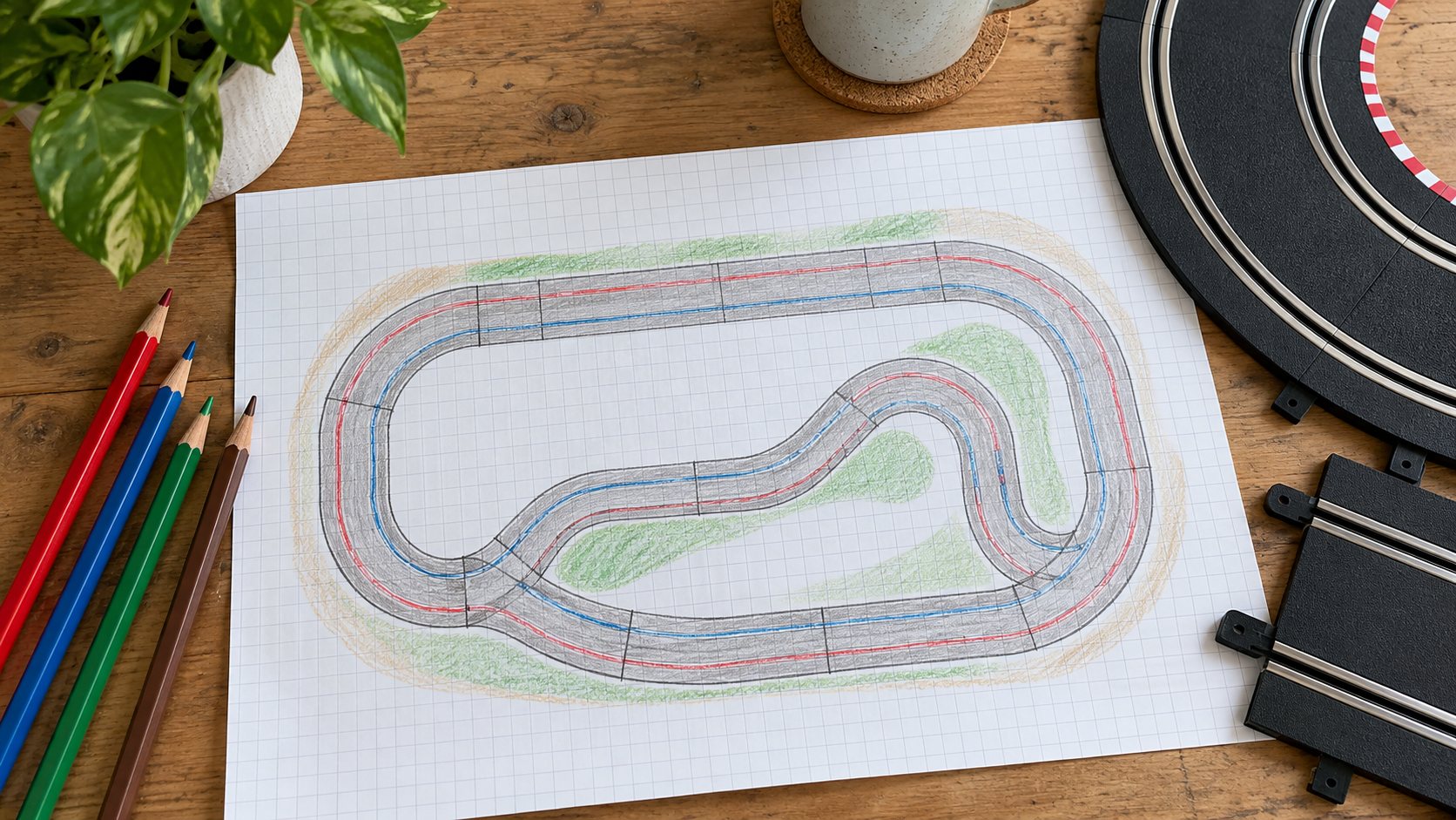 Desenho de uma pista de autorama para planejar a corrida