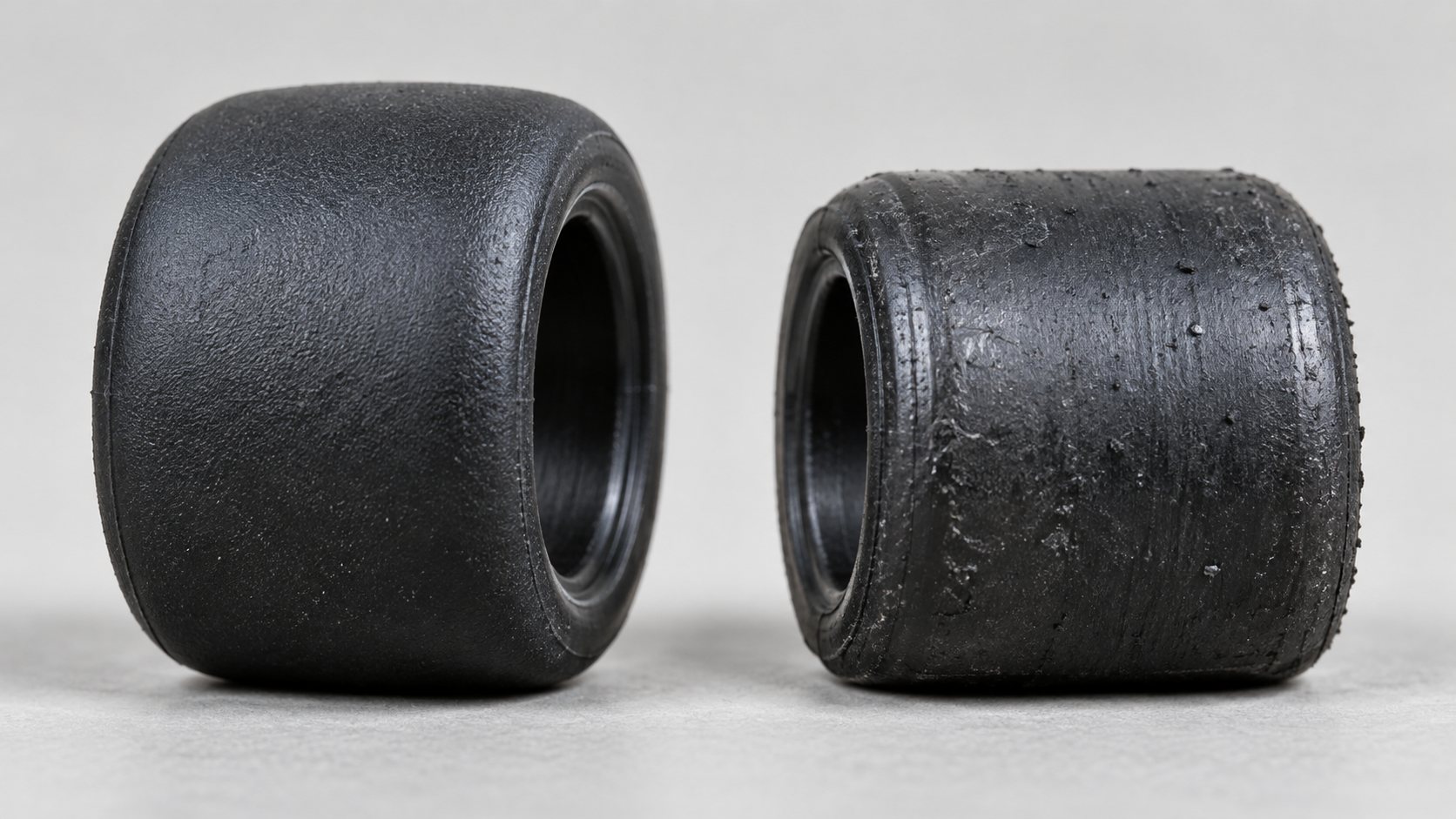 Comparação entre pneu novo e pneu desgastado de autorama
