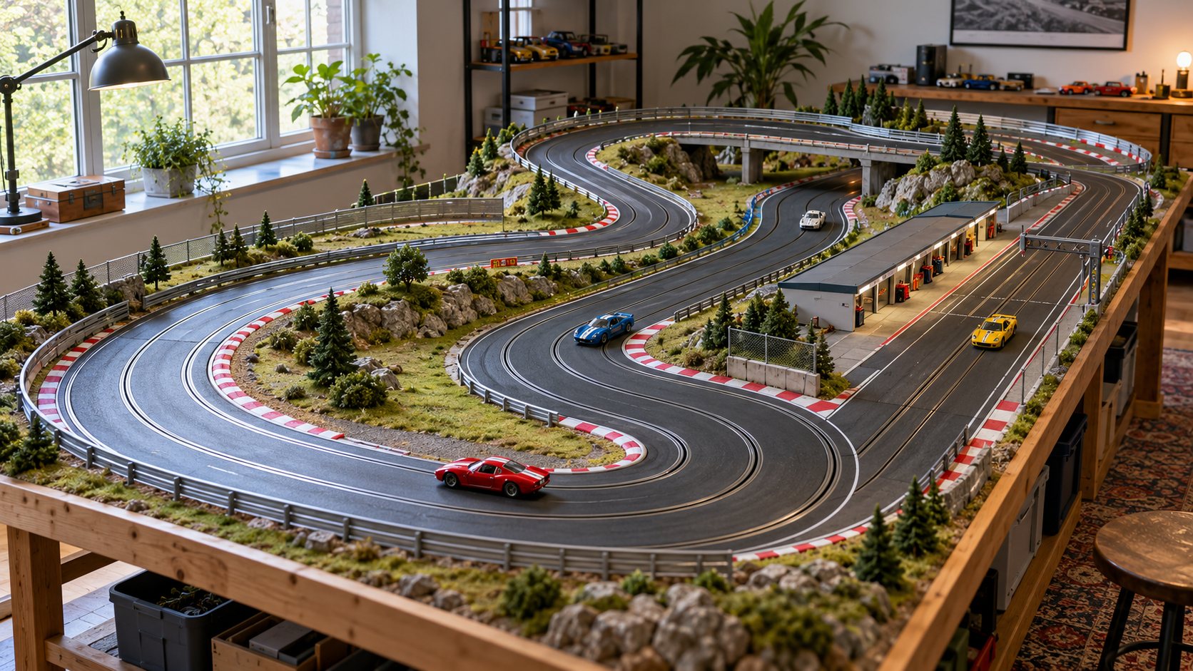 Traçado da pista de autorama com retas, curvas e sequência em S