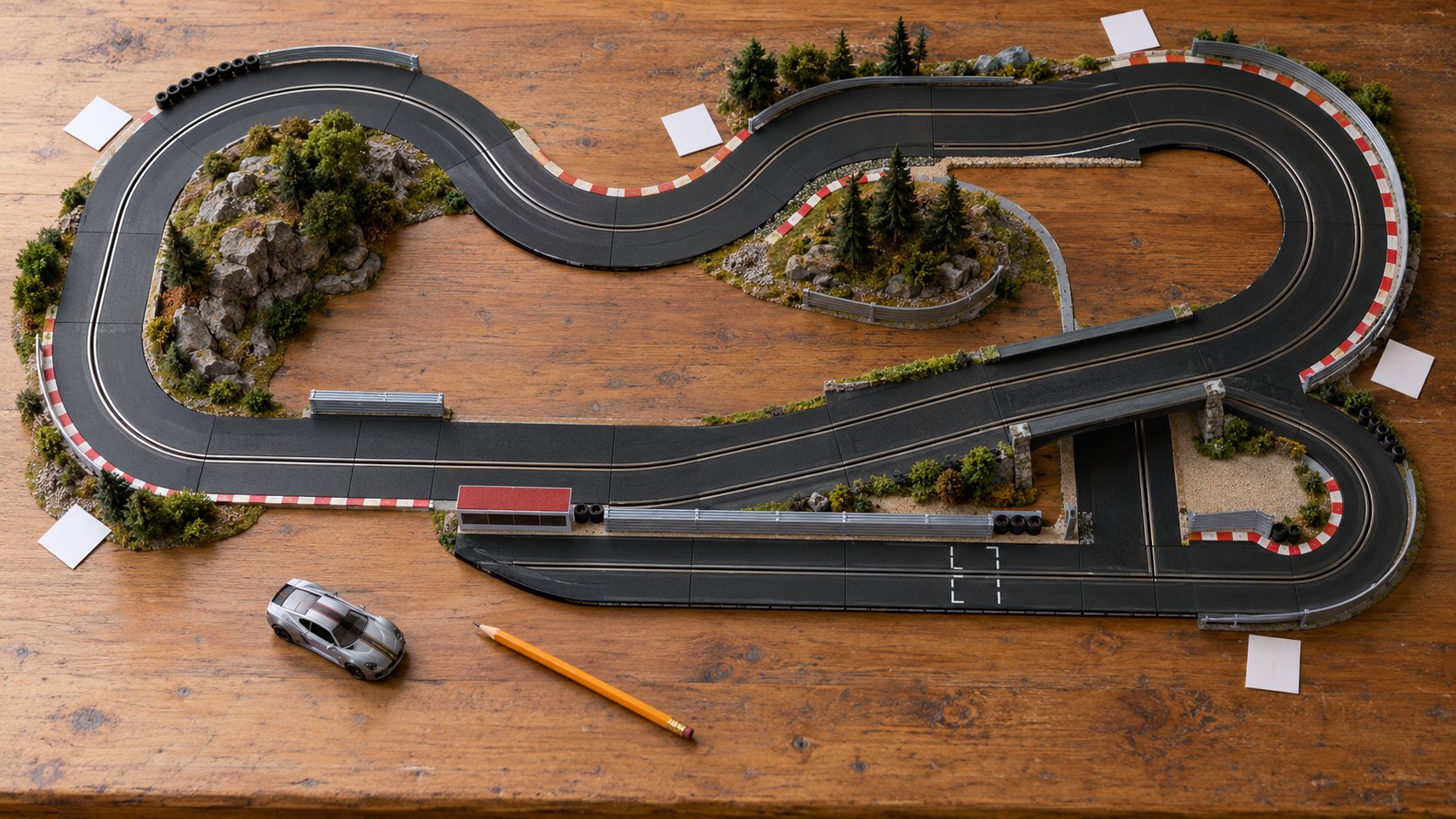 Pista de autorama com marcações para planejar a corrida