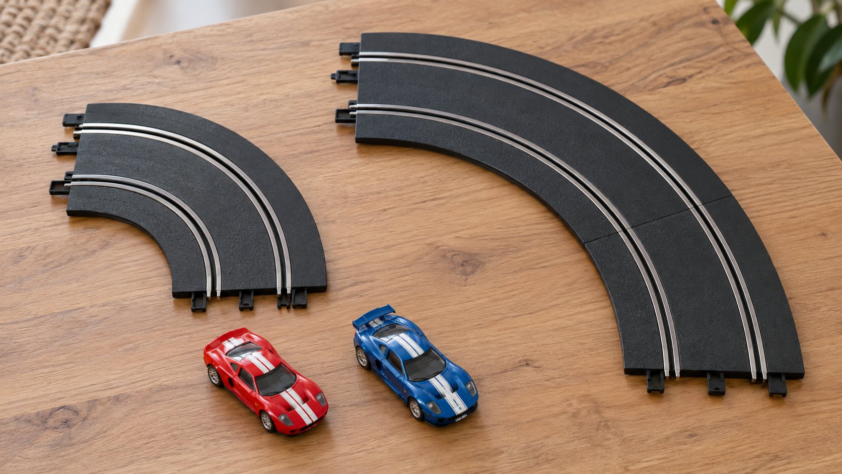 Diferença de raio entre curva aberta e curva fechada em pista de autorama