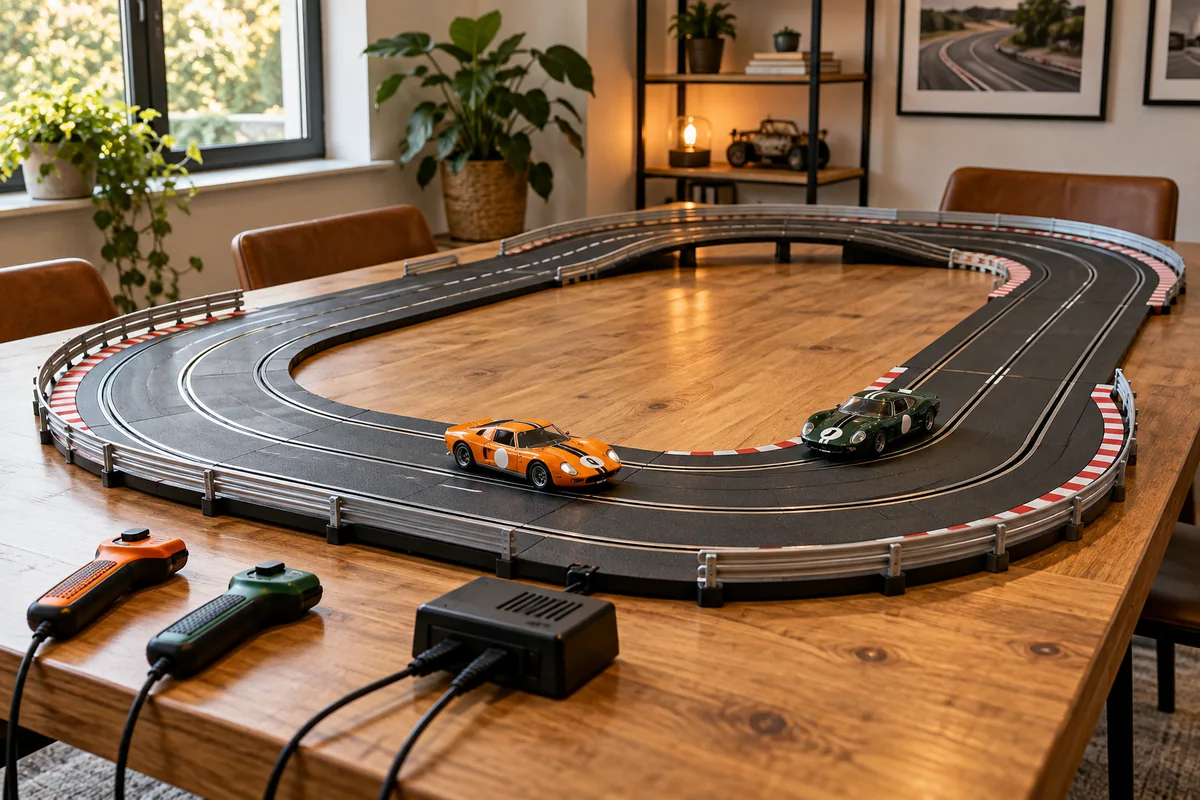 Pista de autorama montada sobre uma mesa em casa, com dois carrinhos, manetes e base de alimentação.