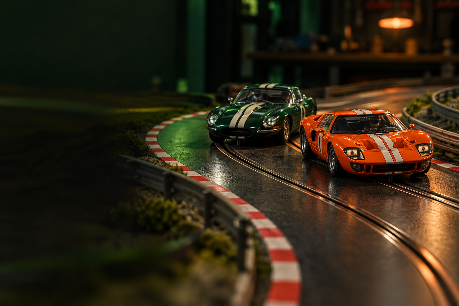 Dois carros em miniatura disputam posição em uma curva de autorama