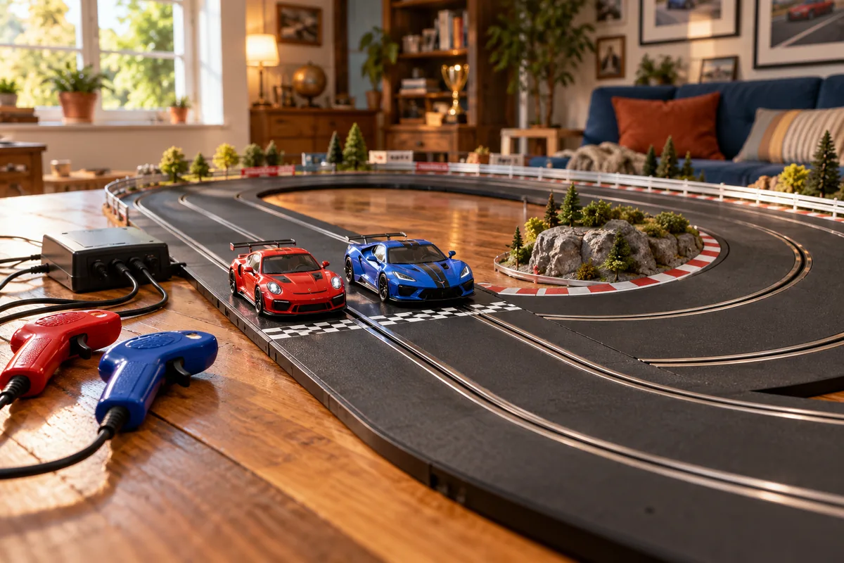 Circuito de autorama doméstico montado e pronto para uma corrida recreativa com dois carrinhos.