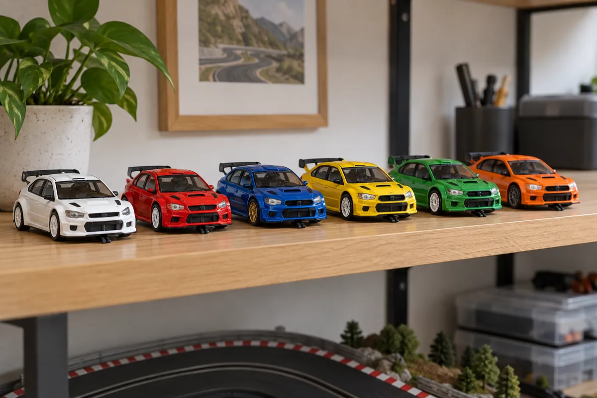 Seis carros genéricos de rali em cores variadas organizados numa pequena prateleira.