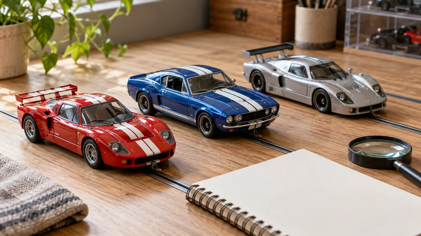 Carrinhos de autorama, caderno e lupa organizados sobre uma mesa