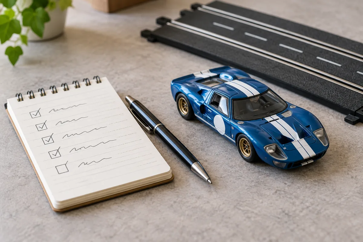 Bloco de notas com checklist ilegível ao lado de um trilho e um carrinho.