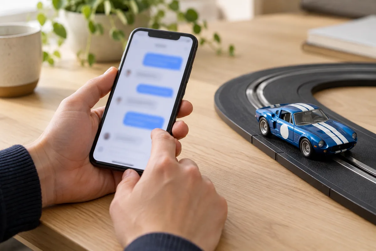 Mãos segurando um celular com conversa desfocada ao lado de um carrinho de autorama.