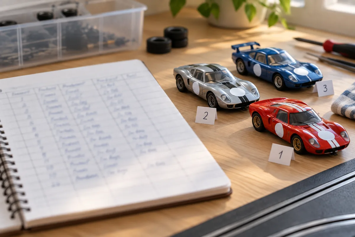 Caderno de catalogação ao lado de carrinhos numerados, com texto ilegível.