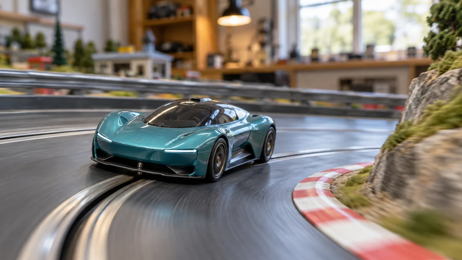 Carro de autorama bem ajustado fazendo curva na pista