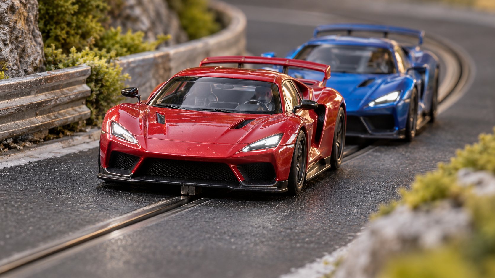 Vários carros de autorama digital correndo na mesma faixa