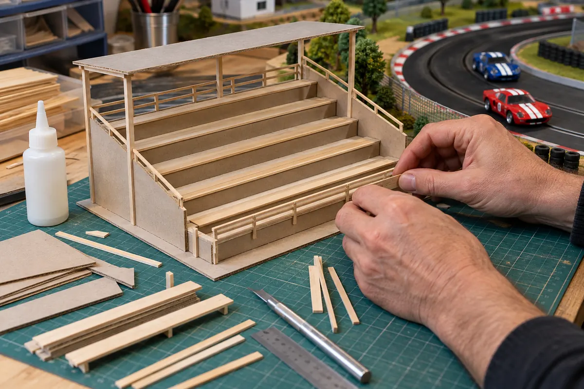 Montagem de uma arquibancada em miniatura com peças de madeira e materiais de modelismo.