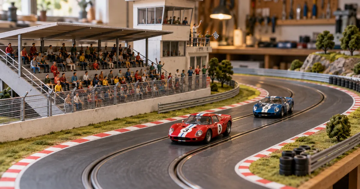 Pista de autorama em miniatura com arquibancada artesanal e torre de controle.