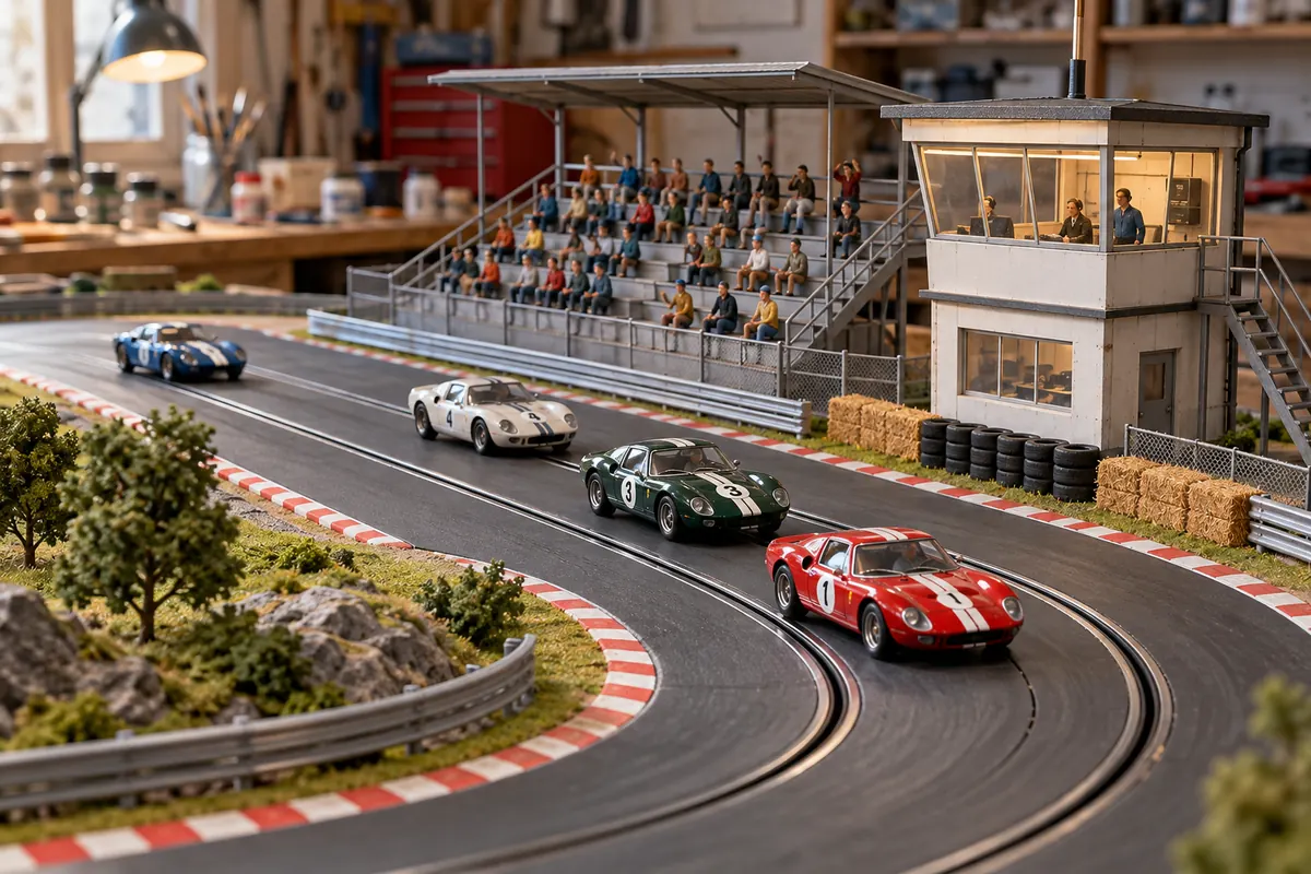Pista de autorama com arquibancada de público em miniatura e torre de controle.