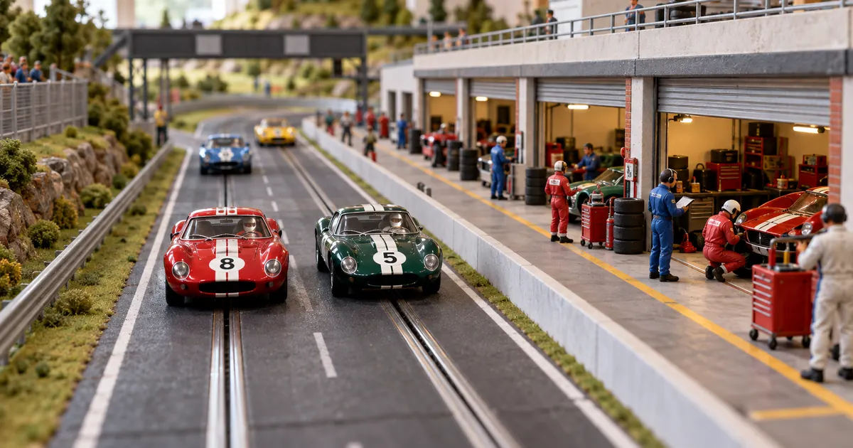 Reta de autorama em miniatura com boxes artesanais ao lado da pista.