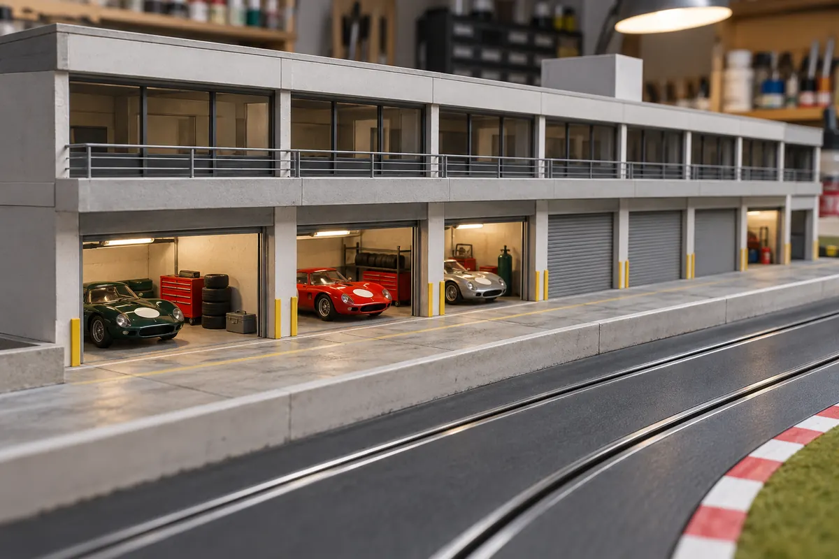 Fachada de boxes em miniatura com portões abertos junto à pista de autorama.