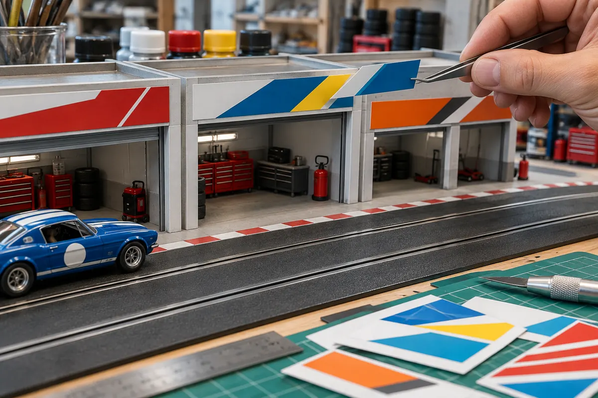 Painéis geométricos coloridos aplicados à fachada dos boxes em miniatura.