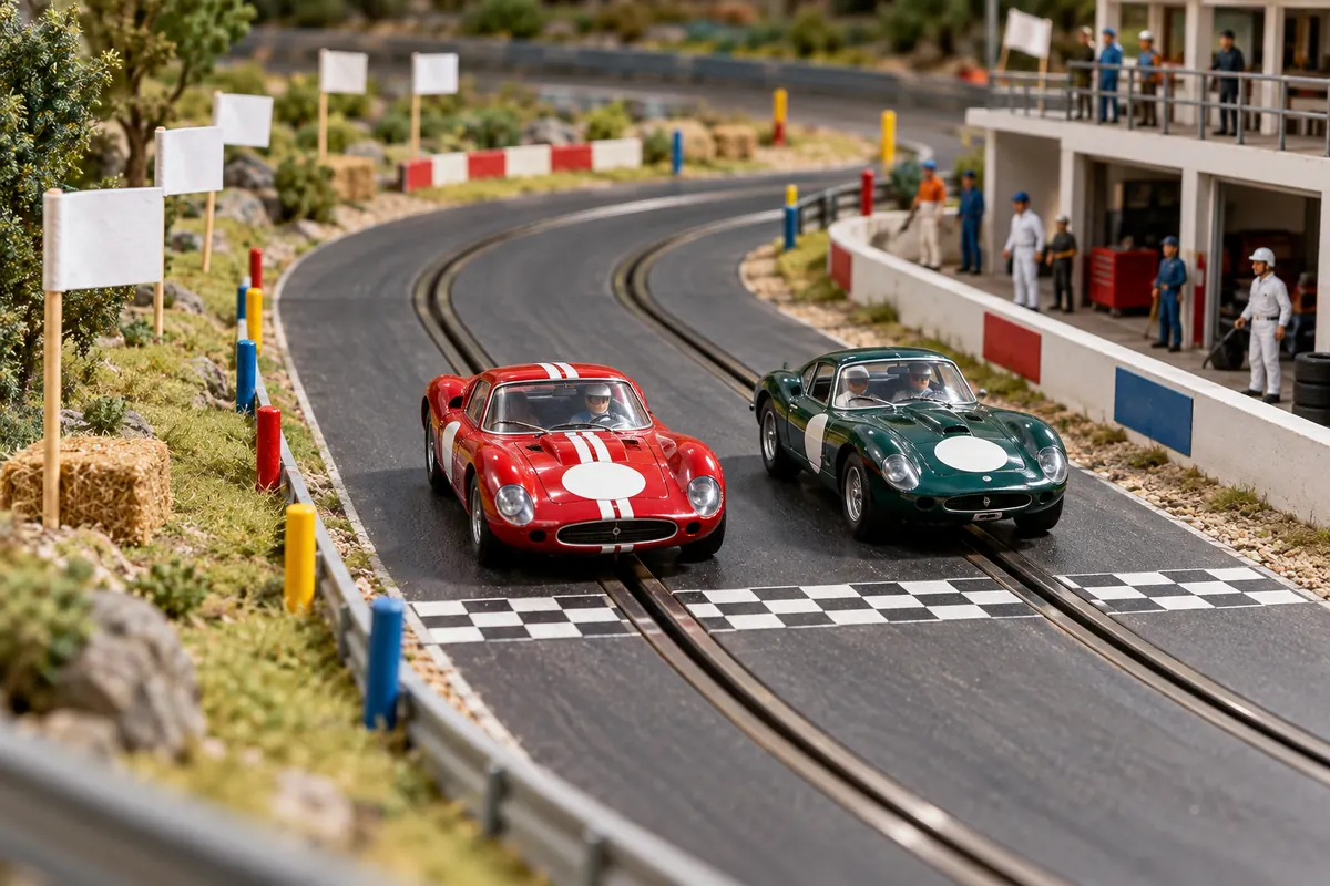 Bandeiras, marcadores coloridos e faixa quadriculada junto à pista de autorama.