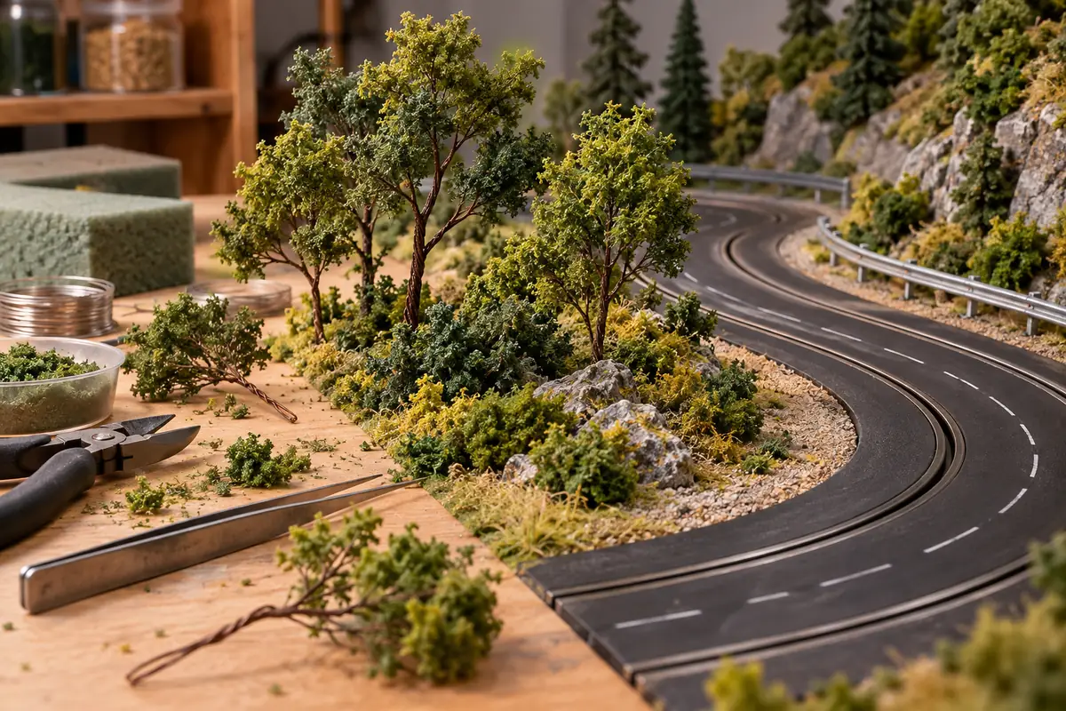Árvores e arbustos artesanais posicionados ao lado da pista de autorama.