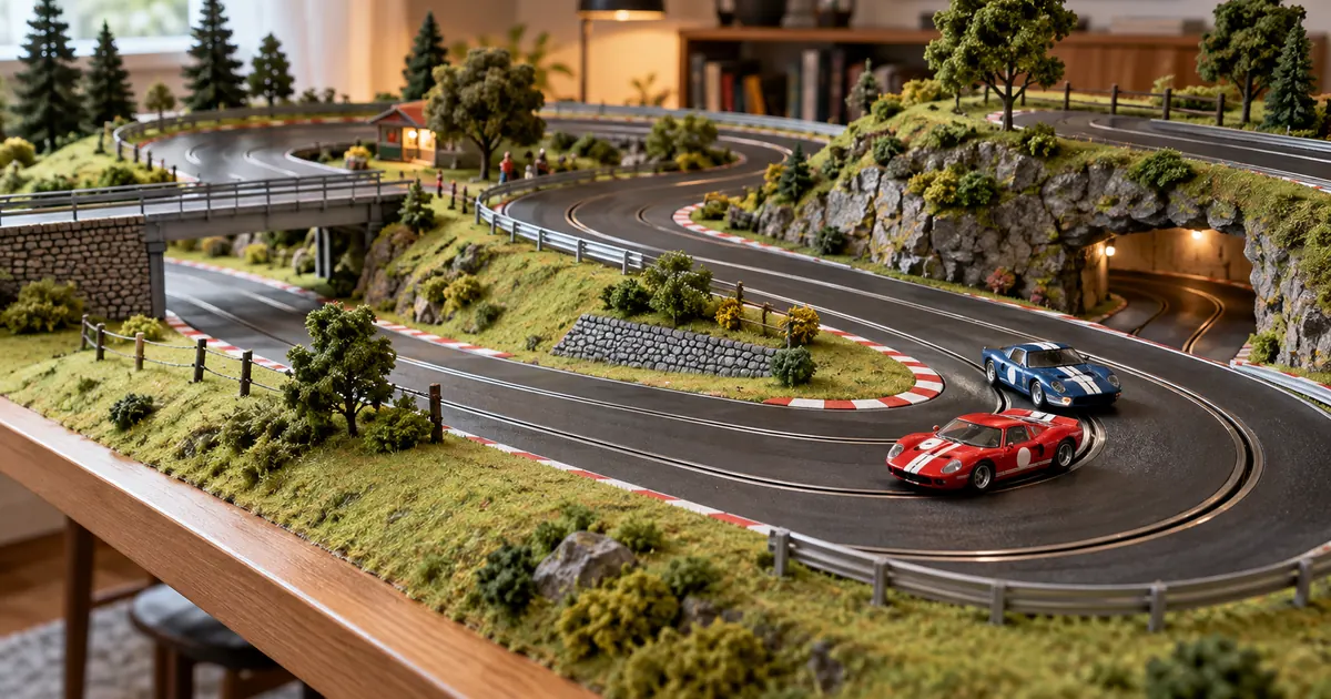 Pista de autorama em miniatura com relevo, grama e árvores artesanais.