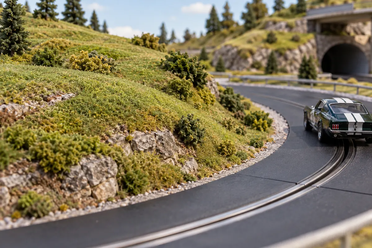 Textura de grama aplicada a um relevo em miniatura junto à pista.
