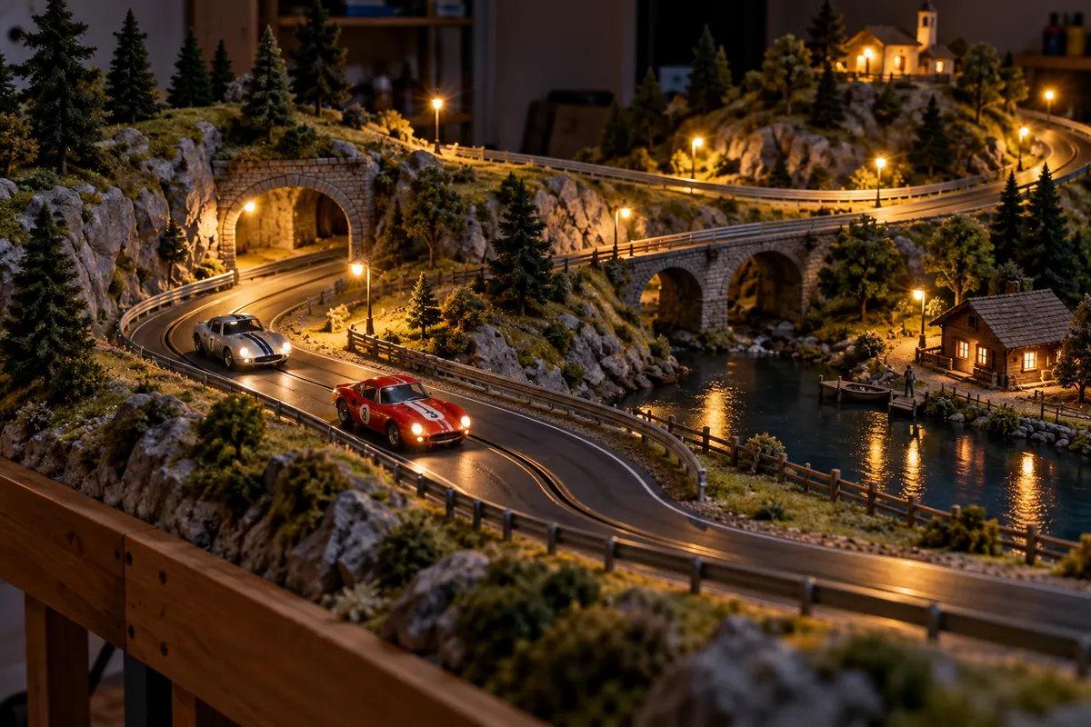 Pista de autorama em miniatura iluminada por pequenas luzes durante a noite.