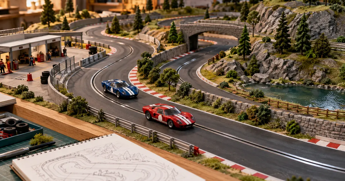 Pista de autorama em miniatura e caderno de planejamento sobre uma bancada