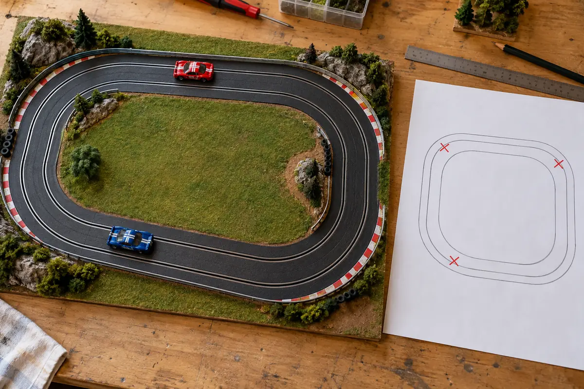 Traçado de autorama em miniatura ao lado de um mapa com pontos de saída de curva marcados.