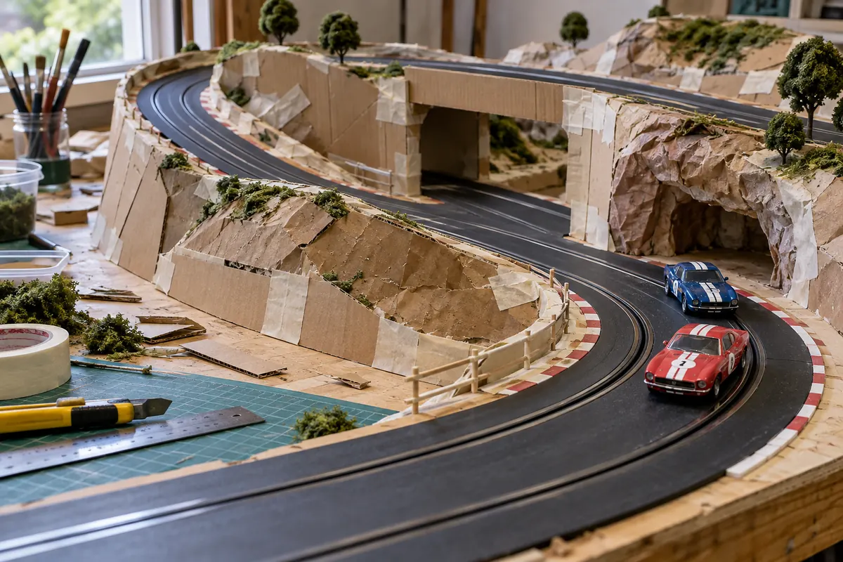 Protótipo de relevo feito com papelão ao lado de uma pista de autorama em miniatura.