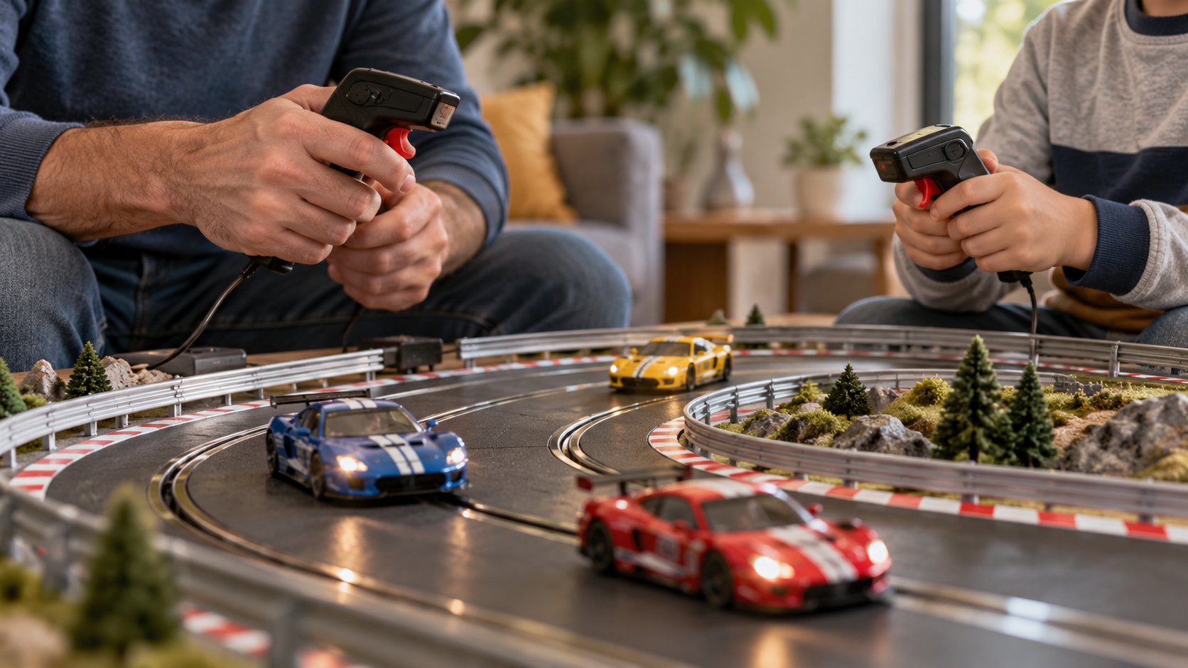 Pessoas de diferentes idades jogando autorama em volta da pista