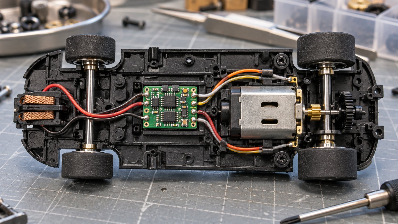 Decodificador instalado no chassi de um carro de autorama digital