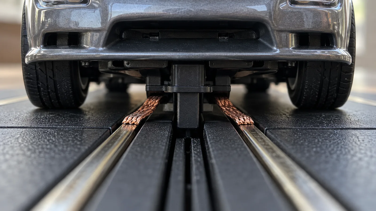 Guia e tranças de um carro de autorama em contato com a pista