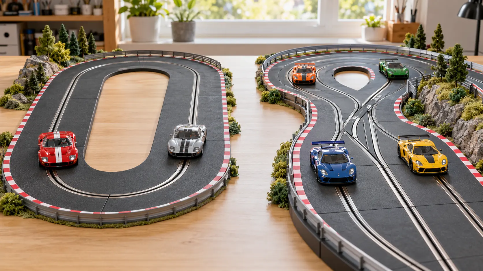Pista de autorama analógico ao lado de uma pista de autorama digital