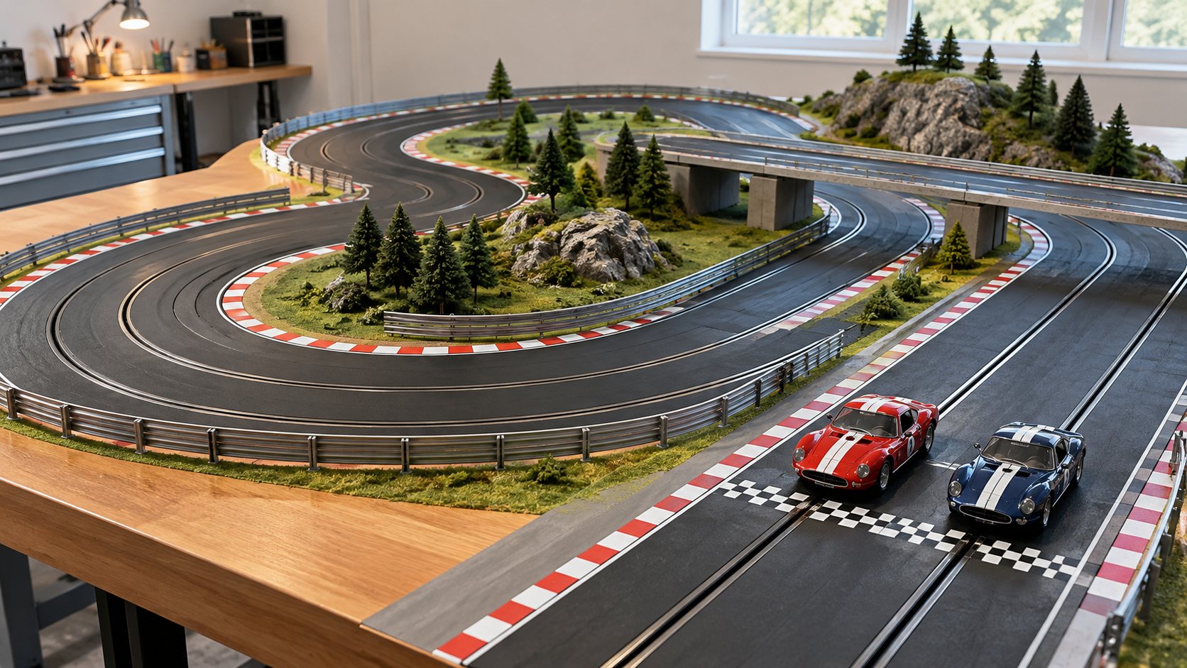 Planejamento para projetar pista de autorama com curvas, retas e carros em miniatura