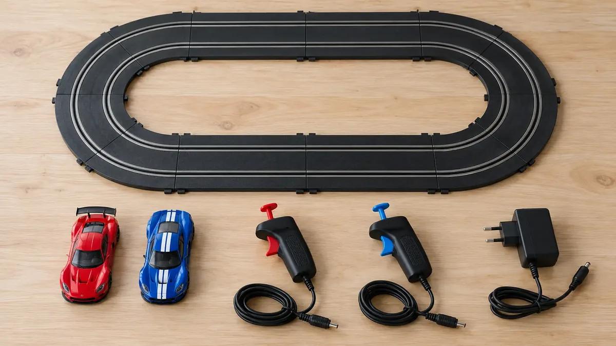 Pista doméstica de autorama montada com carrinhos e controles.