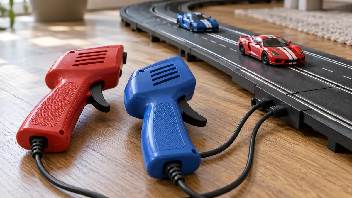 Controle analógico de autorama ao lado de uma pista em curva.