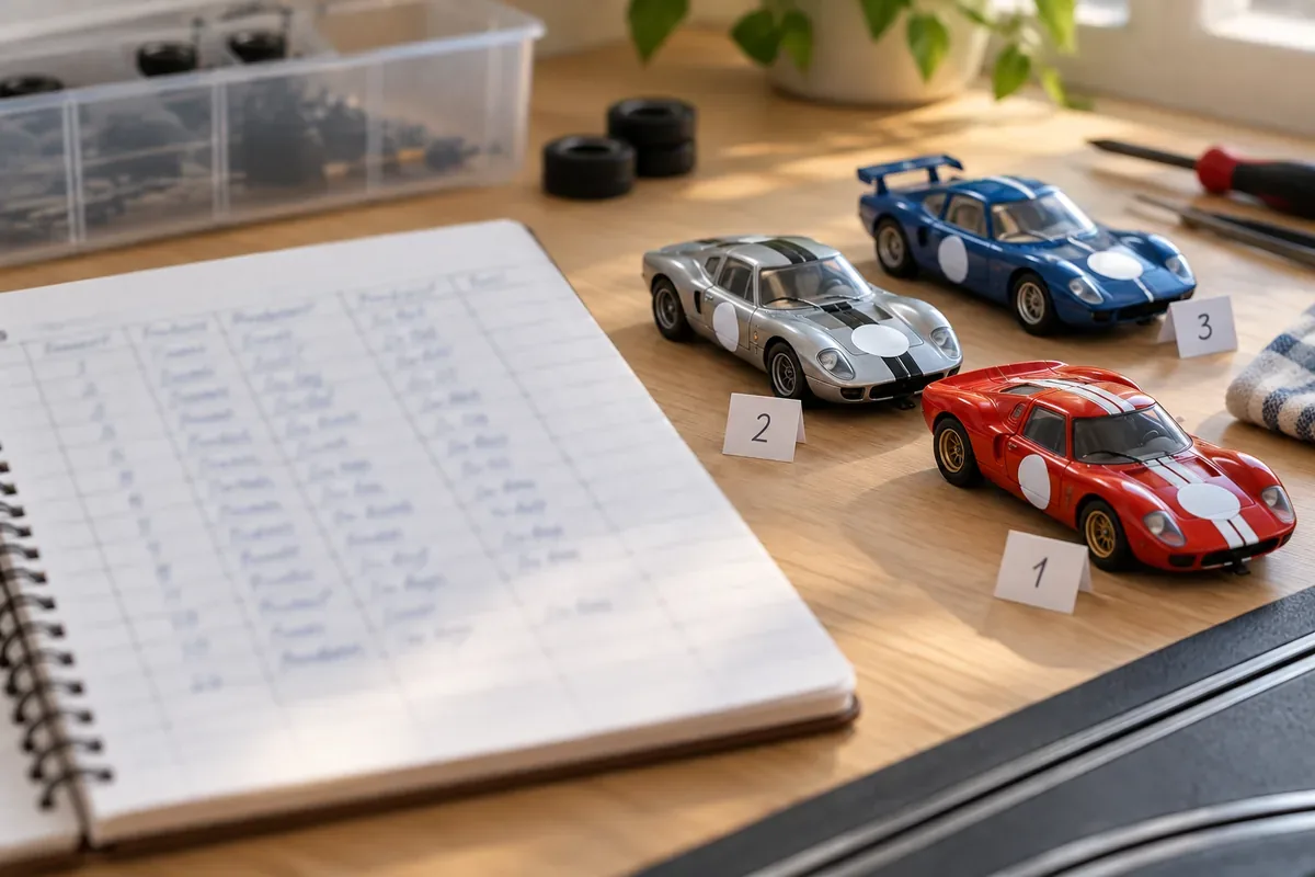 Ficha de catalogação e carrinho de autorama sobre uma mesa.