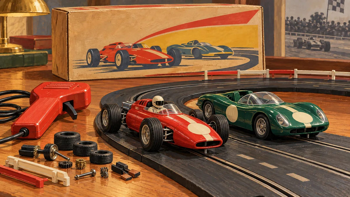 Ilustração editorial de carrinhos genéricos, pista e controle inspirados em brinquedos de autorama clássicos.