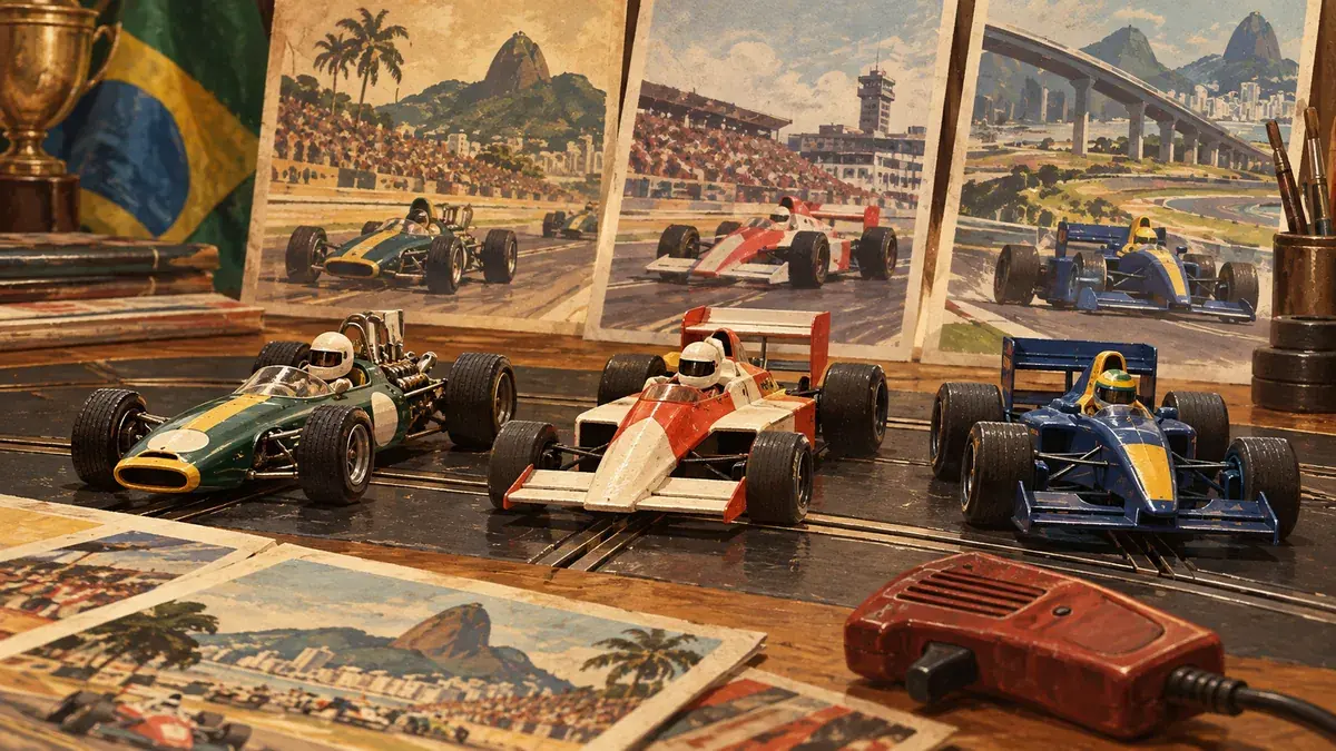 Ilustração editorial de carrinhos genéricos que evocam diferentes décadas do automobilismo em miniatura.