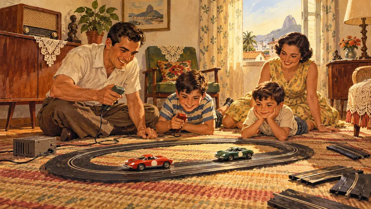 Família reunida em torno de uma pista de autorama em miniatura