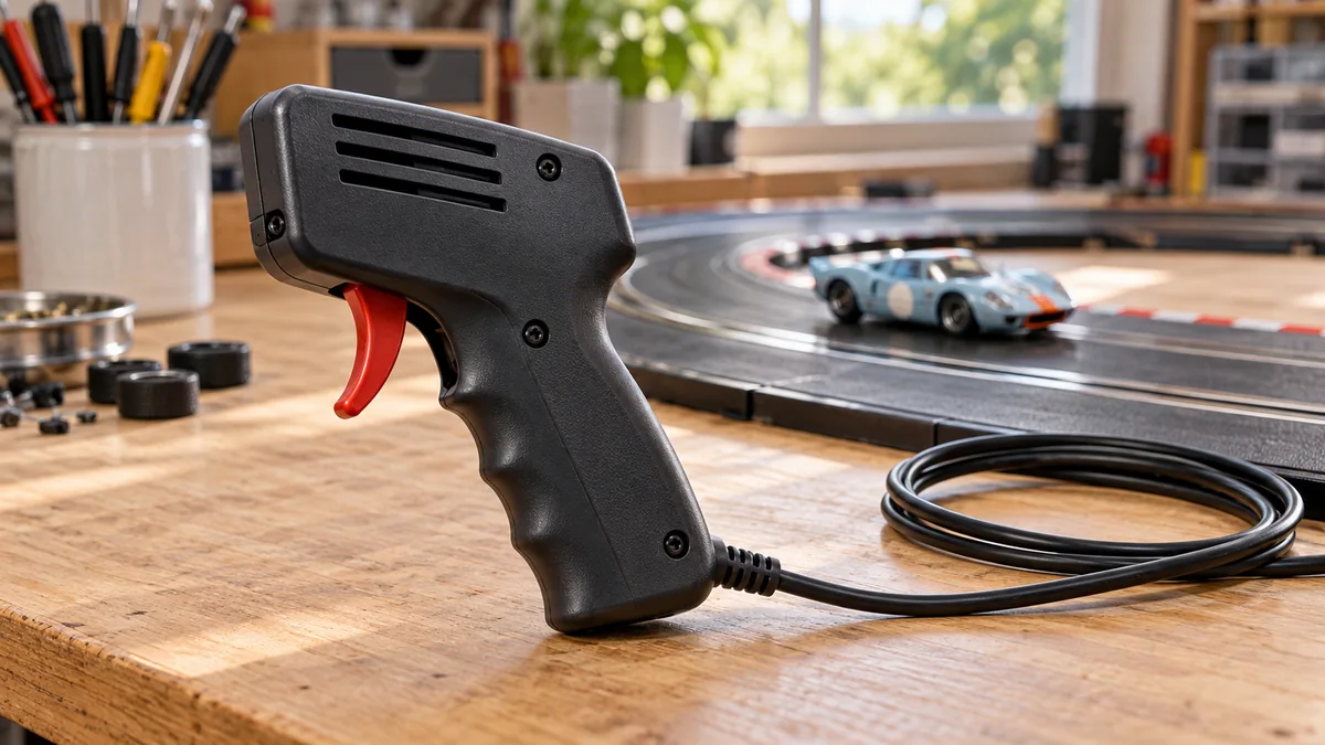 Manete analógico preto com gatilho vermelho, ao lado de uma pista e de um carrinho em miniatura.