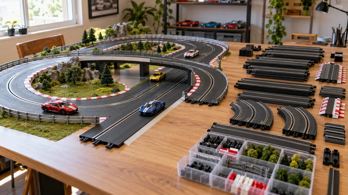Pista de autorama organizada com peças para ampliação