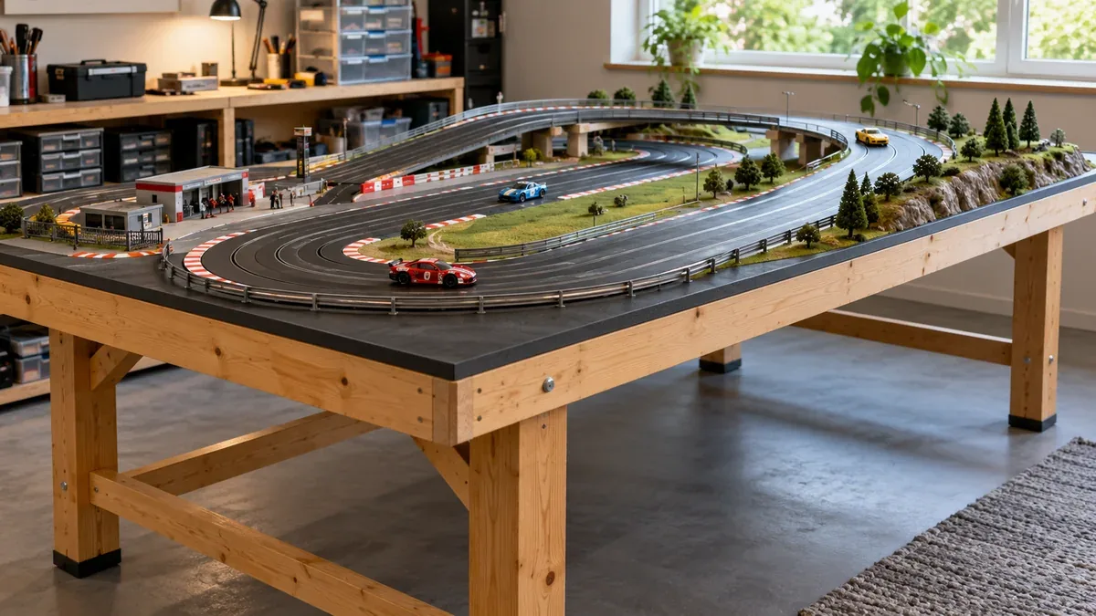 Pista de autorama sobre estrutura de apoio estável.
