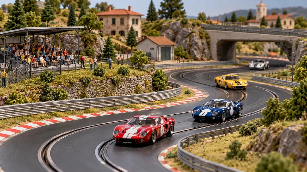 Pista de autorama em miniatura com paisagem, arquibancada e edifícios.