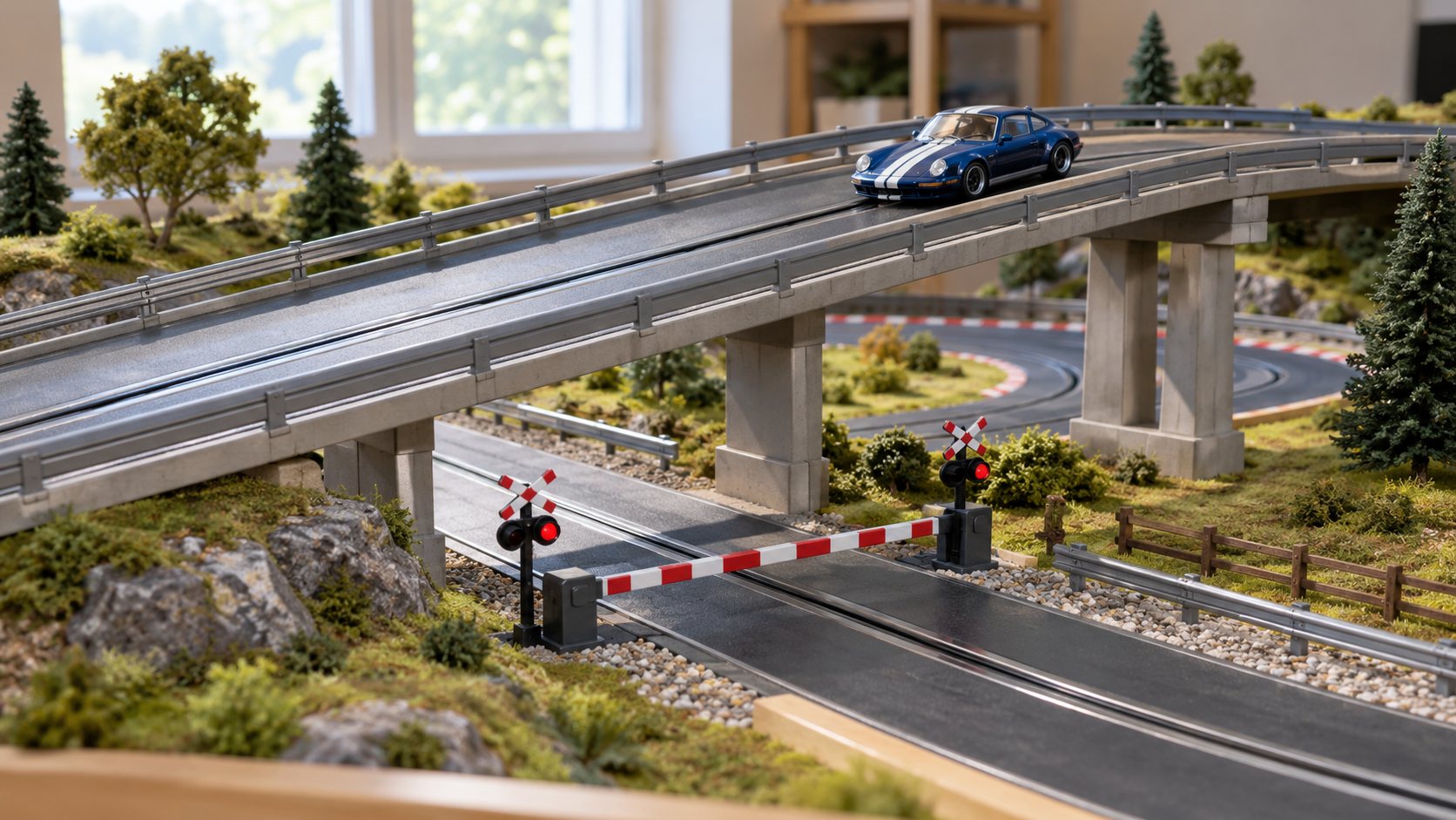 Ponte e cruzamento em uma pista de autorama
